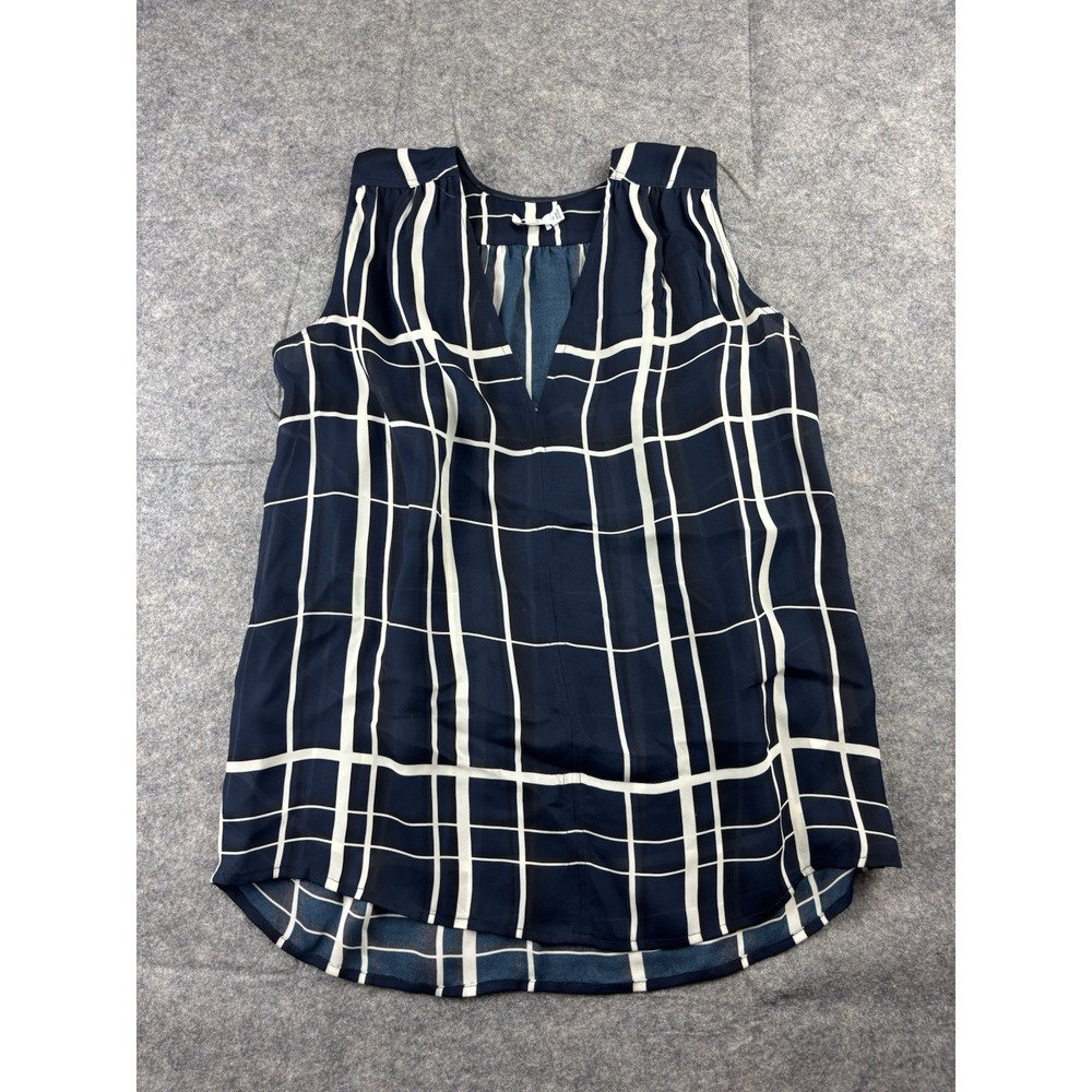 VINCE. Lattice Print V-Neck Sleeveless 100% Silk Top in Navy Sz XS Old Money SEE